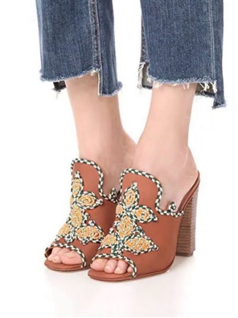 Tory Burch Palisade Tan Embroidered Block Heel Open Toe Mules 6.5